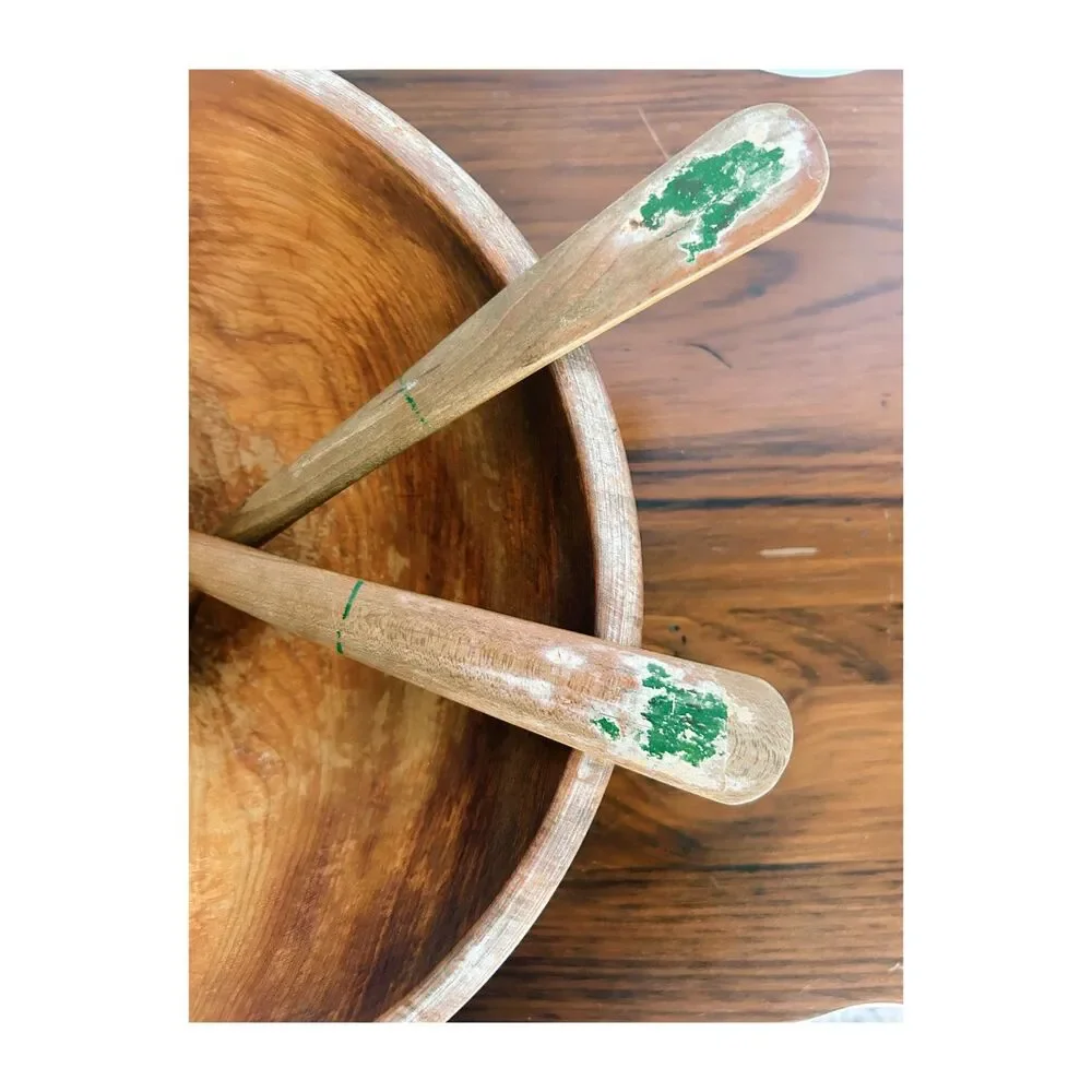 Vintage RobinhoodWare Hand Painted Wooden Footed Salad Bowl Set Matching Servers
